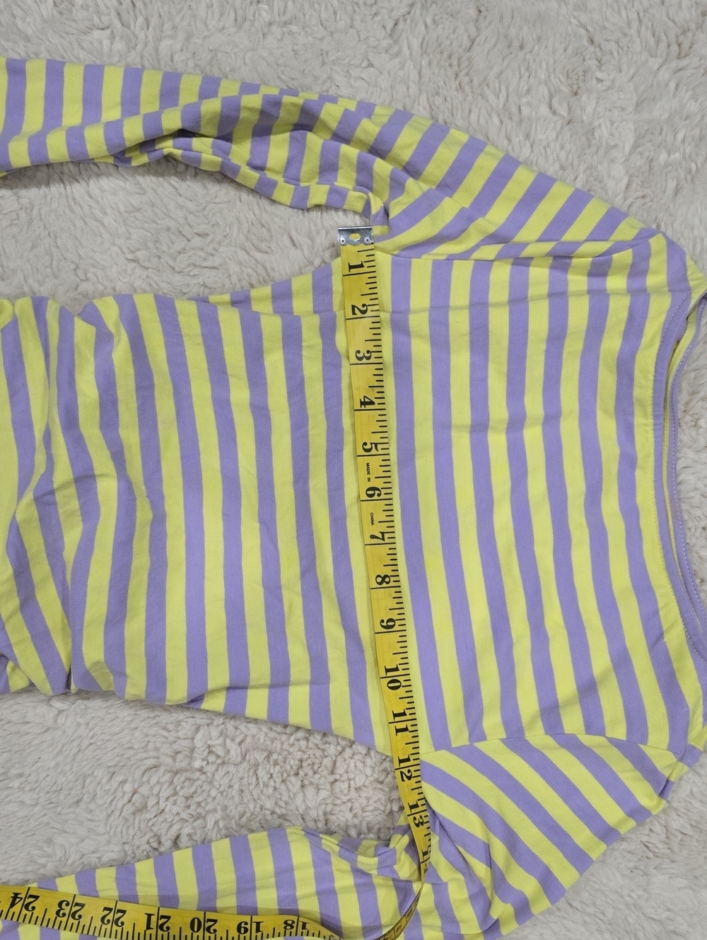 Striped Yellow and Lavender Ruched Ruffle Dress - Picture 2 of 4